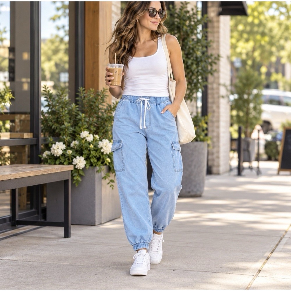 Celebrity Ace Women's Size 14 Light Wash Denim Cargo Joggers Pull On Stretch